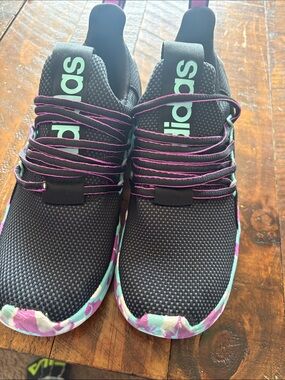 adidas Kids Black Sneakers with Mint and Purple Accents